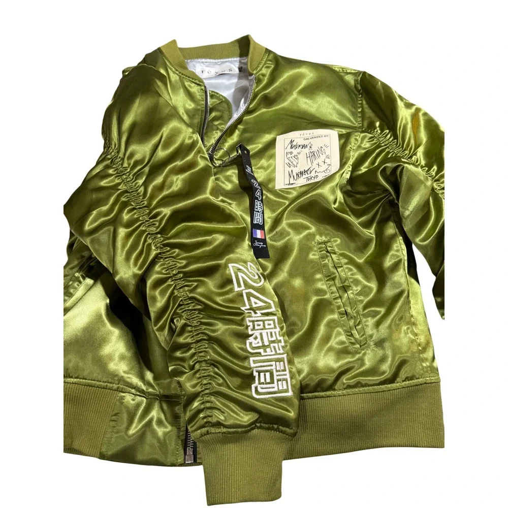 Reves Paris Olive Green Satin Ruched Bomber Jacket XL Streetwear Haring Murakami